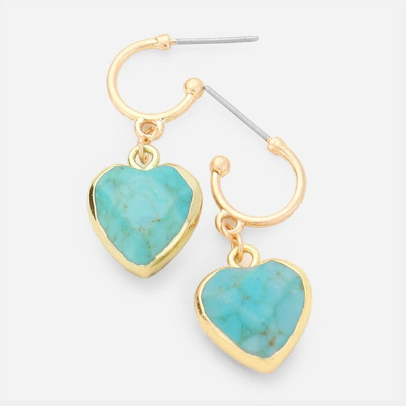 Semi Precious Natural Stone Heart Dangle Earrings. Turquoise, Worn Gold