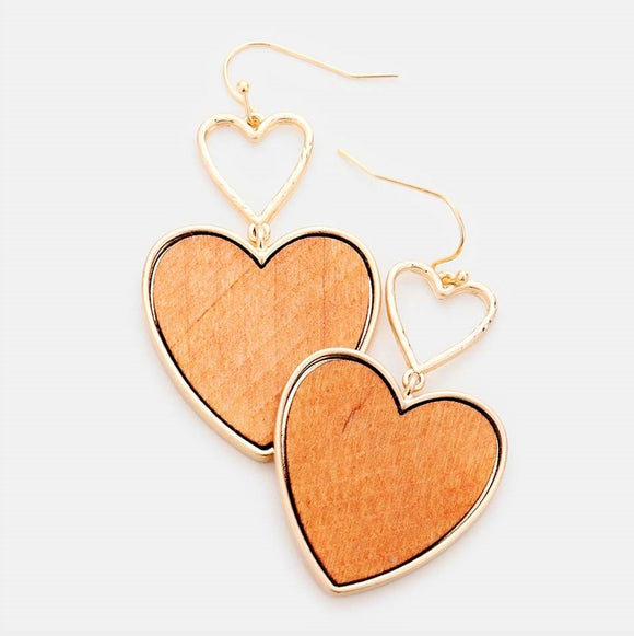 Heart Wood Metal Trim Earrings. Brown ( 1.2