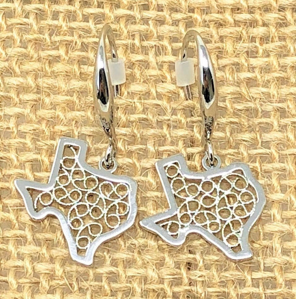 White Gold Dipped Texas State Earrings. Silver