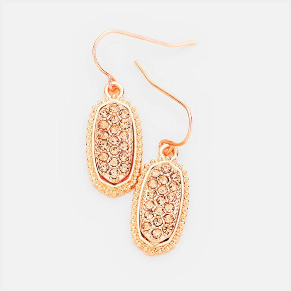 Crystal Embellished Oval Dangle Earrings. Peach, Rose Gold