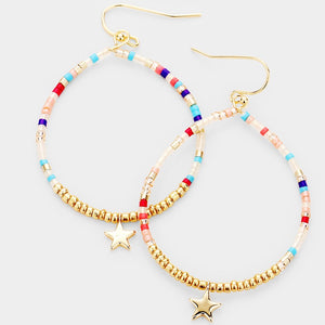 Beaded Open Circle Star Dangle Earrings. Gold,Red,Blue. Size : 1.4" X 2.3"