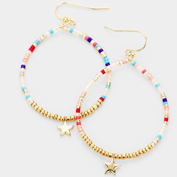 Beaded Open Circle Star Dangle Earrings. Gold,Red,Blue. Size : 1.4
