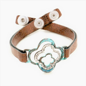 "Love " Triple Clover Leather Bracelet. Dark Brown, Patina, Silver