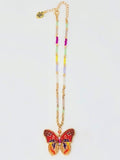 Pattern Print Butterfly Multi Beaded Necklace. Gold, Multi, Neon (12.5" + 3" L )