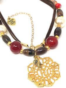 Multi Beaded Metal Medallion Pendant Necklace. Gold, Brown ( 17" + 3" L )