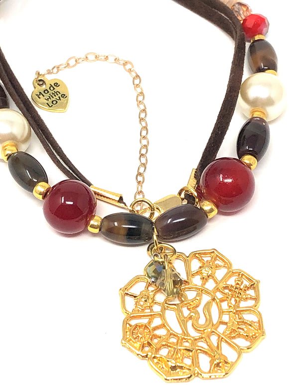 Multi Beaded Metal Medallion Pendant Necklace. Gold, Brown ( 17