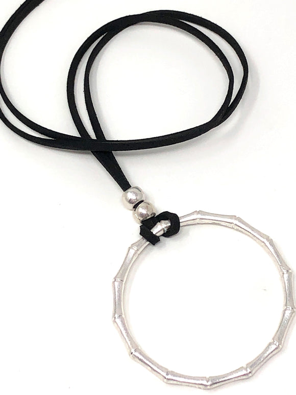 Bamboo Feel Metal Open Circle Pendant  Long Necklace.Silver ( 30