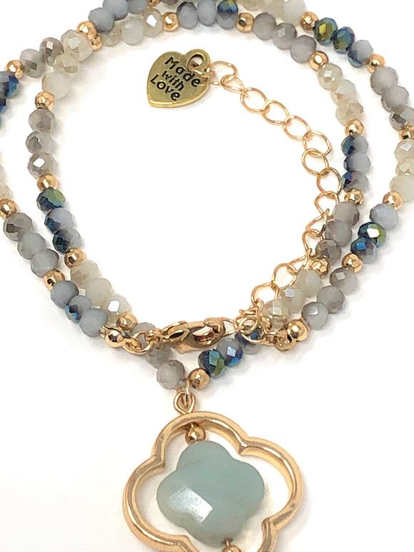 Semi Precious Clover Stone Bead Necklace. Blue, Mint ( 14