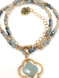 Semi Precious Clover Stone Bead Necklace. Blue, Mint ( 14" + 3" )
