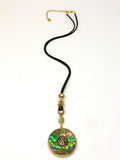 Abalone Circle Pendant Long Necklace. Green, Gold