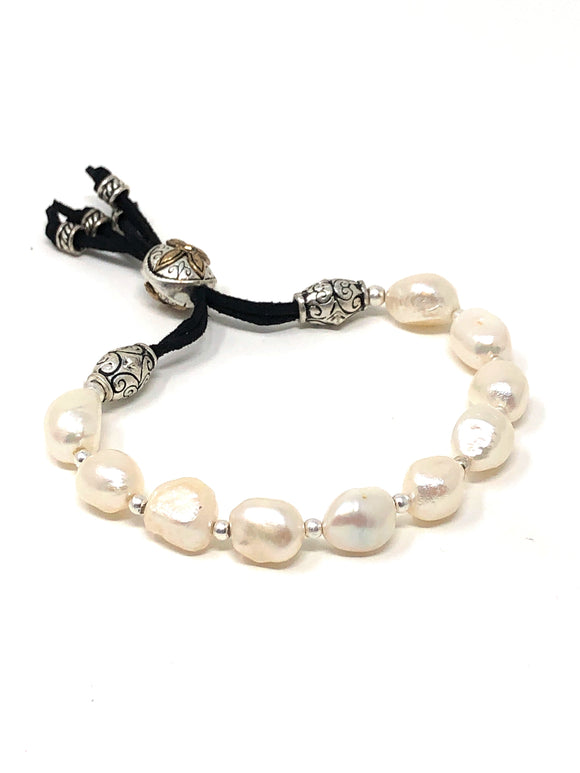 Antique Bead Accented Pearl Strand Bracelet ( Adjustable  0.4