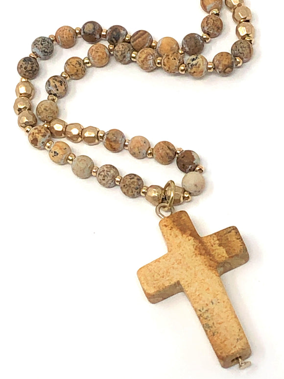 Natural Stone Cross Pendant Necklace. Brown