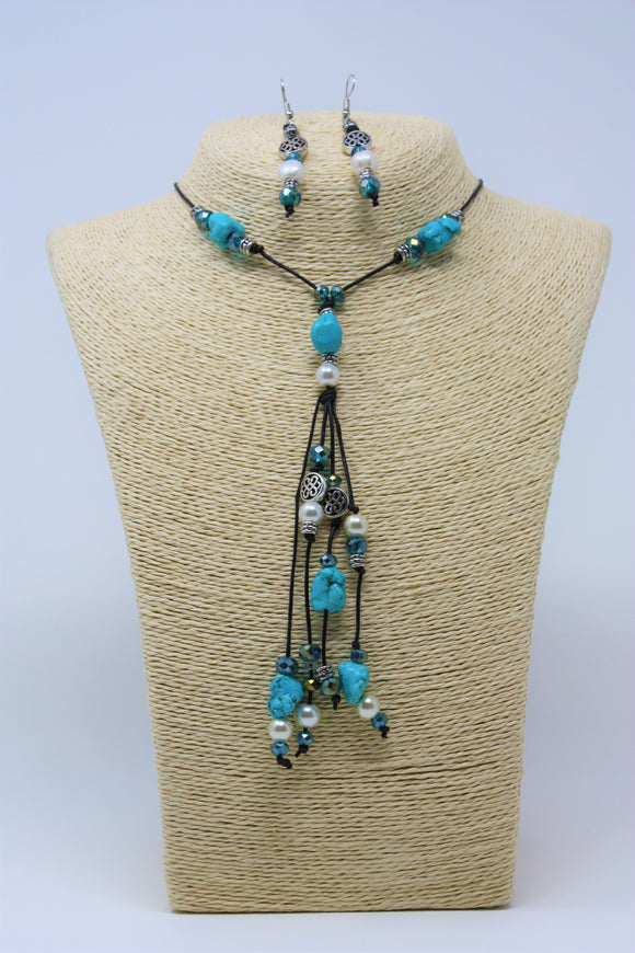 Pearls, Crystals  & Turquoise  Balls Necklace Set - Silver