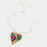 BEAD EMBELLISHED HEART PENDANT PEARL NECKLACE. Color : Multi (  Necklace Size : 16.5" + 3" L )