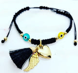 Adjustable Thread bracelet with Turkish eye , heart, wing and balls in gold plate. Black