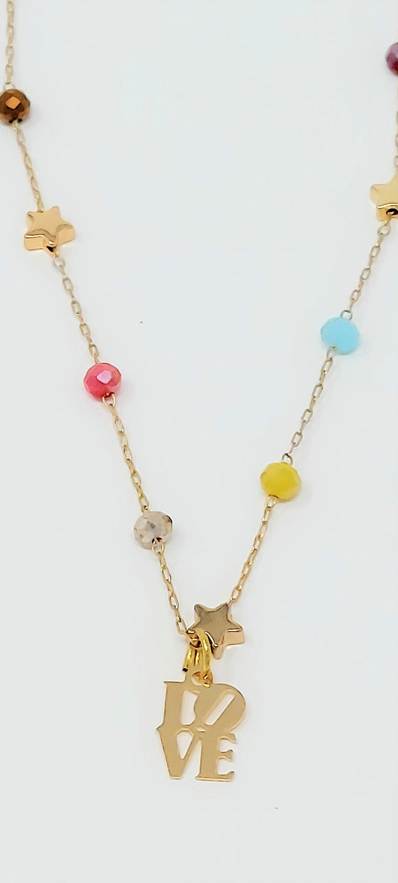 14k Gold Dipped Brass Metal Round Colorful  Station Necklace. Necklace Size : 18